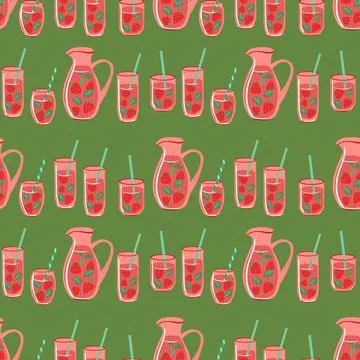 Strawberry lemonade vector seamless pattern. Summer drink in ribbed glasses Stock Illustration