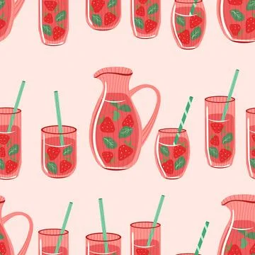 Strawberry lemonade vector seamless pattern. Summer drink in ribbed glasses.. Stock Illustration