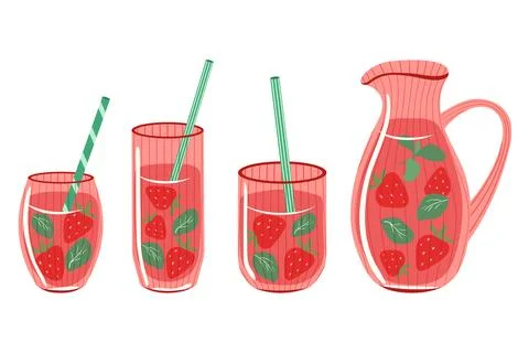Strawberry lemonade vector set. Summer drinks in ribbed glasses with straws Stock Illustration