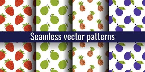 Strawberry, lime, pineapple and prune. Fruit seamless pattern bundle. Color i Stock Illustration