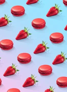 Strawberry macarons with strawberries pattern on gradient background isolated 写真素材