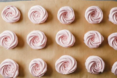 Strawberry marshmallows on a baking sheet Stock Photos