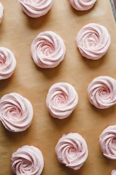 Strawberry marshmallows on a baking sheet Stock Photos
