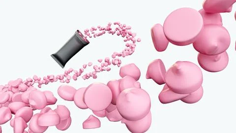 Strawberry milk chips spilling out from snack wrapper pack in 3d illustrati.. Stock Illustration