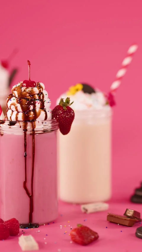Strawberry Milkshake With Chocolate Drizzle and Whipped Cream Falling Over Stock Footage 321858074