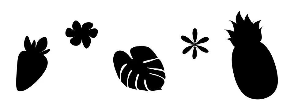 Strawberry, Monstera Leaf, pineapple and abstract flower Silhouettes Tropical Stock Illustration