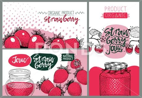 Strawberry party. Set of cute creative card templates with strawberry. Hand Stock Illustration