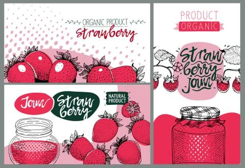 Strawberry party. Set of cute creative card templates with strawberry. Hand Stock Illustration