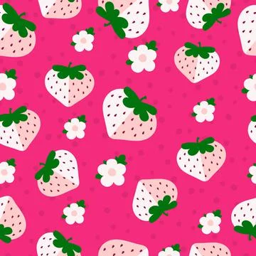 Strawberry pattern on a pink background in a cartoon style with flowers and peas Stock Illustration