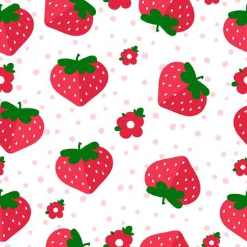 Strawberry pattern on a white background in a cartoon style with flowers and Stock Illustration