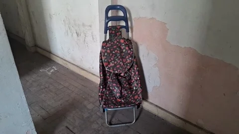 Strawberry patterned shopping trolley standing in a weathered hallway video clip Stock Footage 339349196