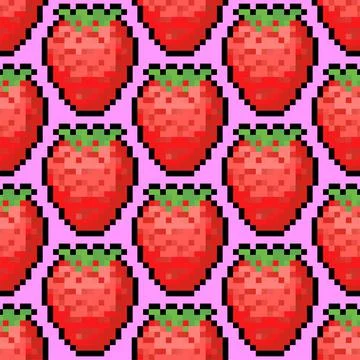 Strawberry pixel art pattern seamless. 8 bit Red Berry pixelated background. Stock Illustration