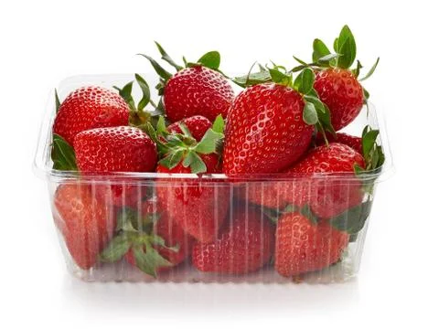 Strawberry in plastic container box isolated on white Stock Photos