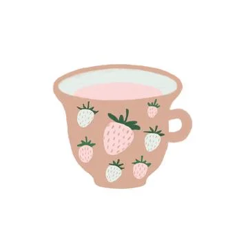 Strawberry print ceramic tea cup, textured hand drawn crayon illustration Illustrazione stock