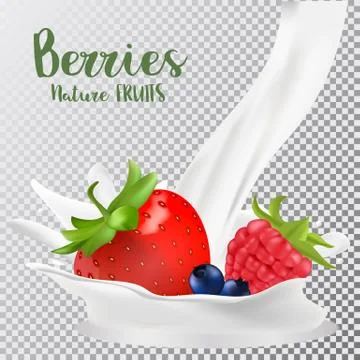 Strawberry, raspberry, and blueberry with a splash of milk. 3d realistic vector Stock Illustration