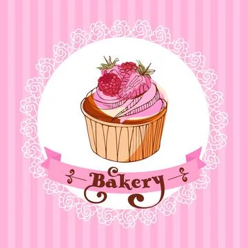 Strawberry - raspberry cupcake on a lacy napkin on a striped background. Stock Illustration