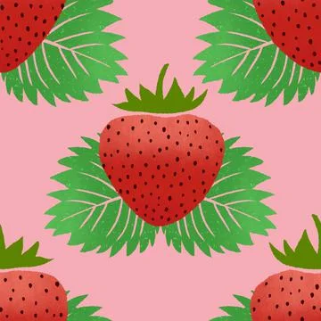 Strawberry raster seamless pattern tile on pink background illustration Stock Illustration