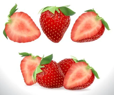 Strawberry Realistic Sweet Berry 3D fruit vector icons set. Realistic stock Stock Illustration