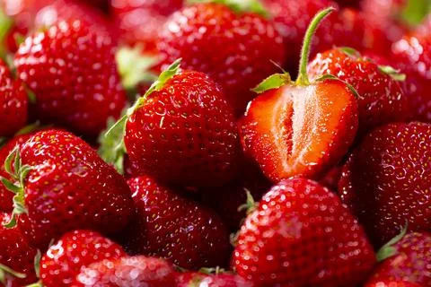 Strawberry ripe background, a lot of Fresh red berries, Close up Stock Photos
