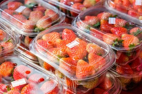 Strawberry ripe packed in boxes Stock Photos
