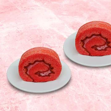 Strawberry rolled sponge cake on a white plate Stock Photos