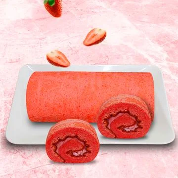 Strawberry rolled sponge cake on a white plate Stock Photos