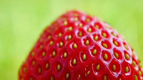 Strawberry rotates smoothly. Super macro shot on green background. Juice video Stock Footage 92854188