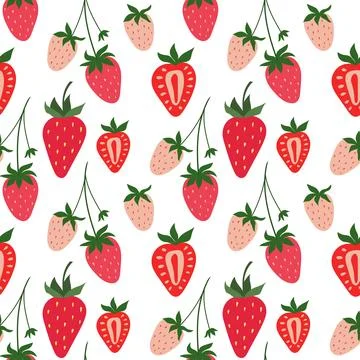 Strawberry seamless hand drawn pattern. Red and Pink Berry background with gr Stock Illustration