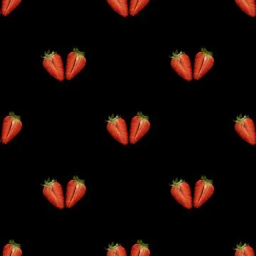 Strawberry seamless pattern. Berry pattern on black background. Top view. Stock Photos