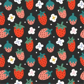 Strawberry seamless pattern on black background, fruit ornament with hand drawn Stock Illustration