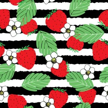 Strawberry seamless pattern on black striped background Stock Illustration