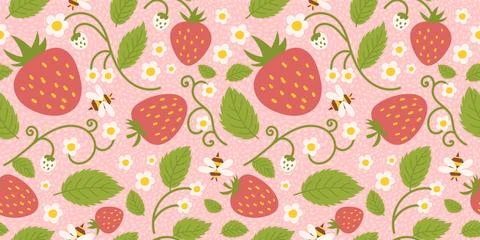 Strawberry seamless pattern design with cute berries, flowers, green leaves and Stock Illustration