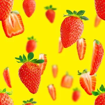 Strawberry seamless pattern. Ripe strawberries isolated on yellow. package Stock Photos