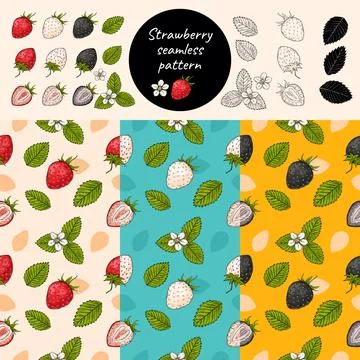 Strawberry seamless pattern set Stock Illustration