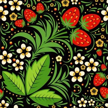 Strawberry seamless pattern in style hohloma Stock Illustration