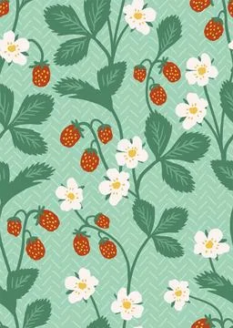 Strawberry seamless vector pattern with flowers, wild berries, leaves background Illustrazione stock