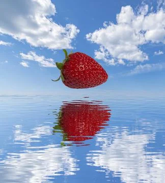 Strawberry with with sky and clouds reflected on water Stock Photos