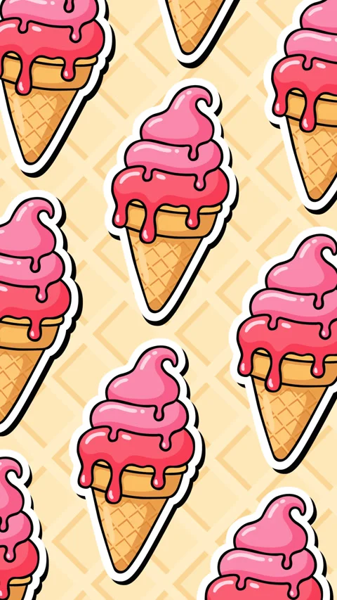 Strawberry Soft Serve Ice Cream Cone Seamless Pattern with Melting Topping B Stock Footage 339601162