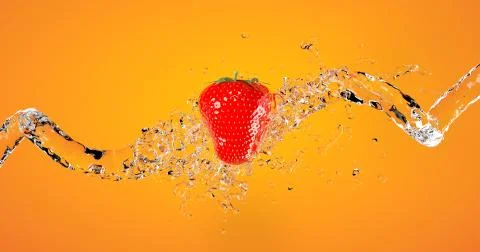 Strawberry with splash liquid in orange background 3d render Stock Illustration