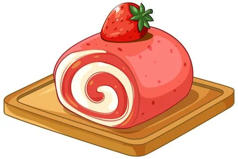 Strawberry Swiss Roll Cake Slice on a Wooden Board Vector Illustration Stock Illustration