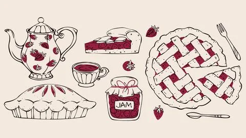 Strawberry Tea Set with Pies, Jam Jar, Cup and Teapot. Flat Style Vector Be.. Stock Illustration