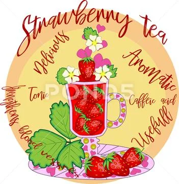 Strawberry tea. Tea cooked with love. A tall glass for mulled wine with straw Stock Illustration