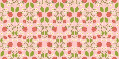 Strawberry-themed seamless pattern design featuring delightful berries, flowe Stock Illustration
