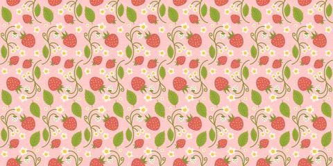 Strawberry-themed seamless pattern design featuring delightful berries, flowe Stock Illustration