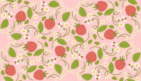 Strawberry-themed seamless pattern design featuring delightful berries, flowe Stock Illustration