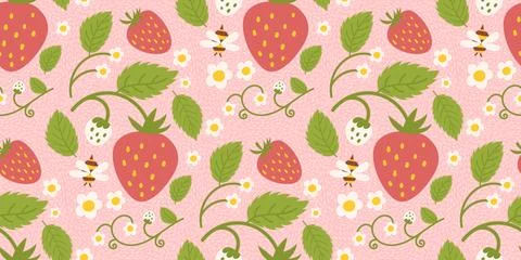 Strawberry-themed seamless pattern design featuring delightful berries, flowers Stock Illustration