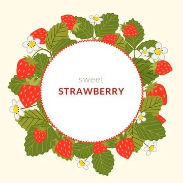 Strawberry vector frame. Round wreath template with sweet red berries, white Stock Illustration