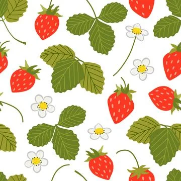 Strawberry vector seamless pattern. Sweet red berries, white flowers, leaves Stock Illustration