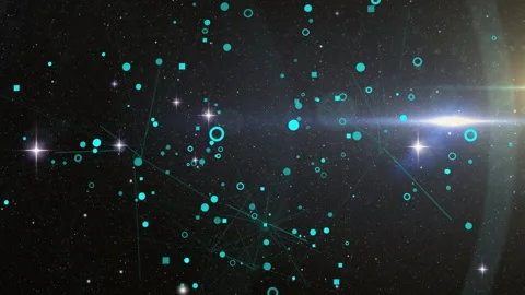 Streaks sweeping past view sparking teal node network drifting, linking, showing Stock Footage 335212062