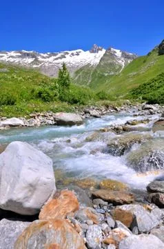 Stream in alpine valley Stock Photos